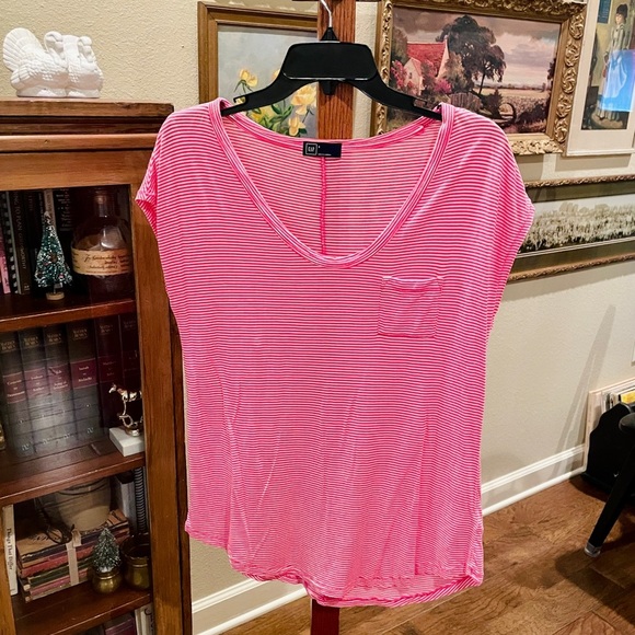 GAP cap sleeve scoop neck striped  pocket tunic tee SZ S pink white - Picture 2 of 7